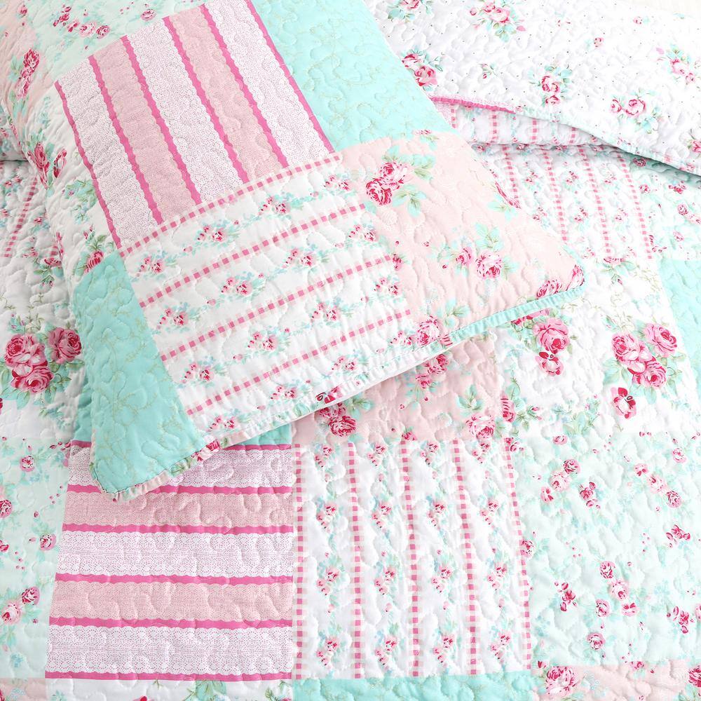 Pink and Turquoise Floral Reversible Twin Microfiber Quilt Set