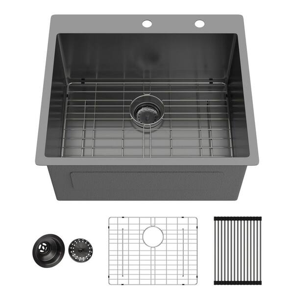 25 in. L x 22 in. W Drop-In Single Bowl 16-Gauge Stainless Steel Kitchen Sink in Gunmetal Black