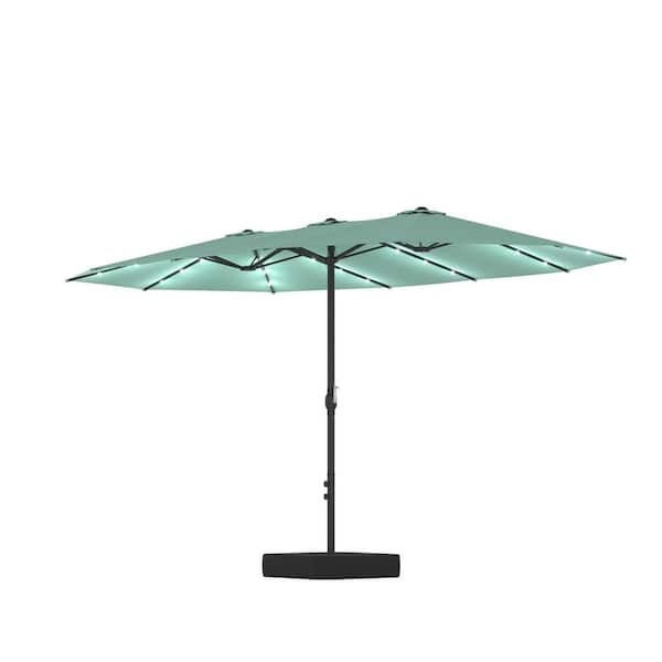 15 foot green patio umbrella FUFU&GAGA 15 ft. Solar LED Lighted Double-Sided Steel Pole Beach Patio Umbrella with Crank, Base, 2 Sandbags in Mint Green