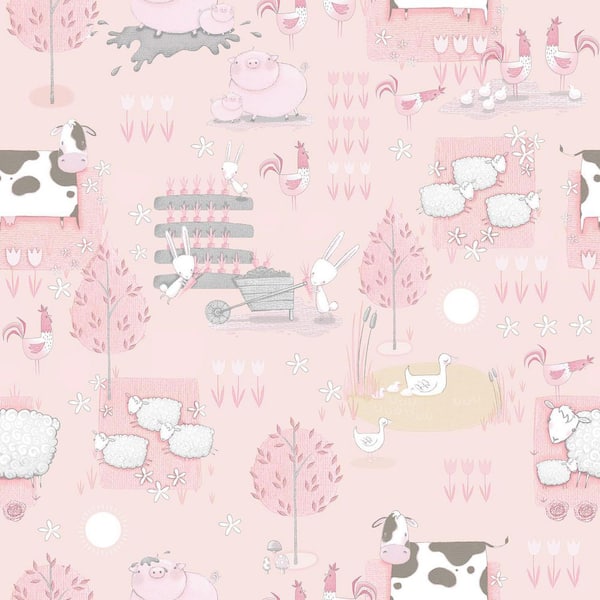 Tiny Tots 2 Collection Pink/Grey/Beige Matte Finish Farmland Animals  Non-Woven Paper Wallpaper Roll