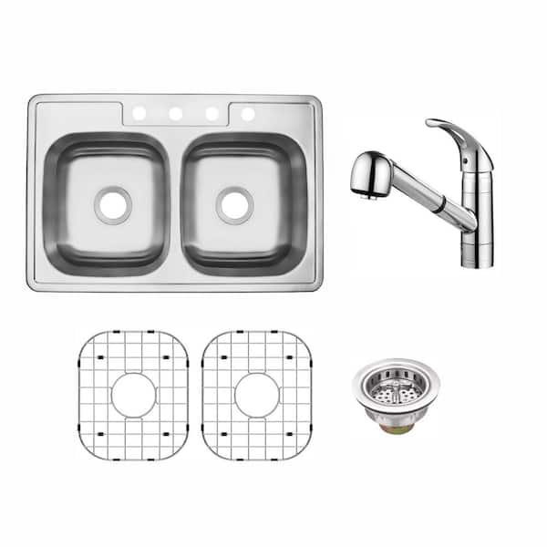 33 in. Drop-in Double Bowl 50/50-20-Gauge Stainless Steel Kitchen Sink with Pull-out Polished Chrome Kitchen Faucet