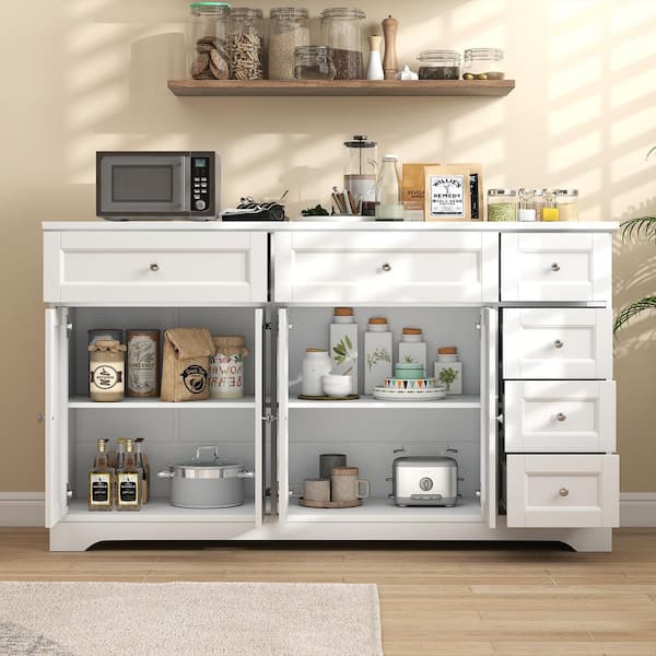 Gymax White 59'' MDF Large Storage Cabinet Buffet Sideboard w/ 4