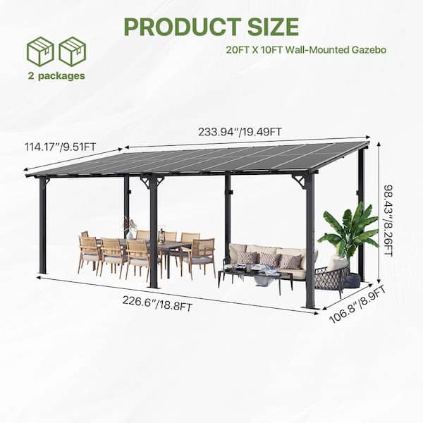 Sizzim 20 ft. x 10 ft. Wall-Mounted Sloped Roof Hardtop Gazebo
