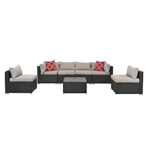 Outdoor Patio 7-Piece PE Wicker Conversation Set with Tempered Glass Table and Dark Gray 6-Seat Cushions 8-Back Cushions