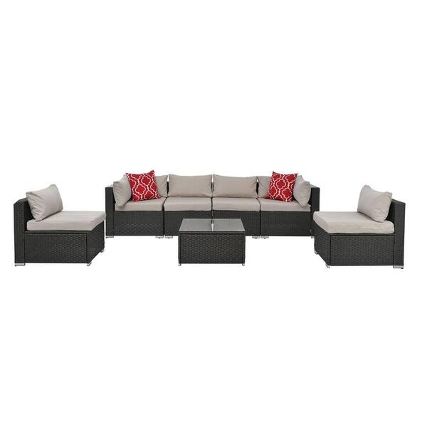 Tunearary Outdoor Patio 7-Piece PE Wicker Conversation Set with Tempered Glass Table and Dark Gray 6-Seat Cushions 8-Back Cushions