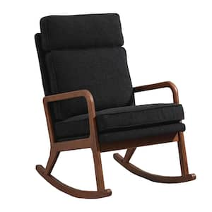 2 in 1 Black Wood Convertible Indoor/Outdoor Rocking Chair, Lounge Chair with Cushions, High Backrest and Armrest