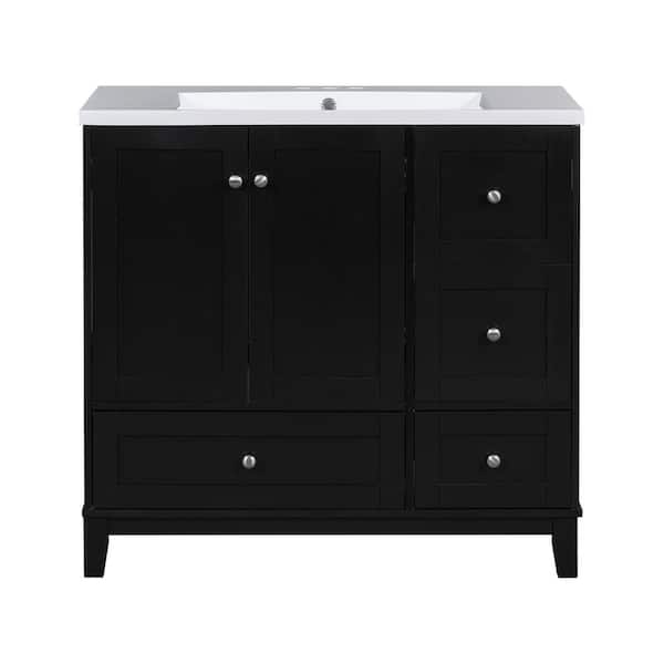 Virubi 36 in. W x 18 in. D x 34 in. H Single Sink Bath Vanity in Black with White Resin Top, USB Charging and Drawers