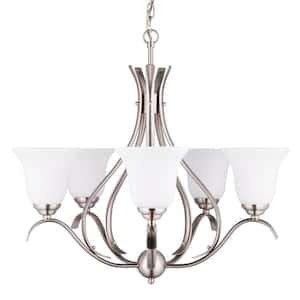 5-Light Brushed Nickel Chandelier with Etched Opal Glass Shade