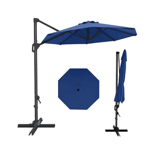 10 ft. Metal Pole Cantilever Offset Patio Umbrella with Crank & Cross Base in Navy Blue