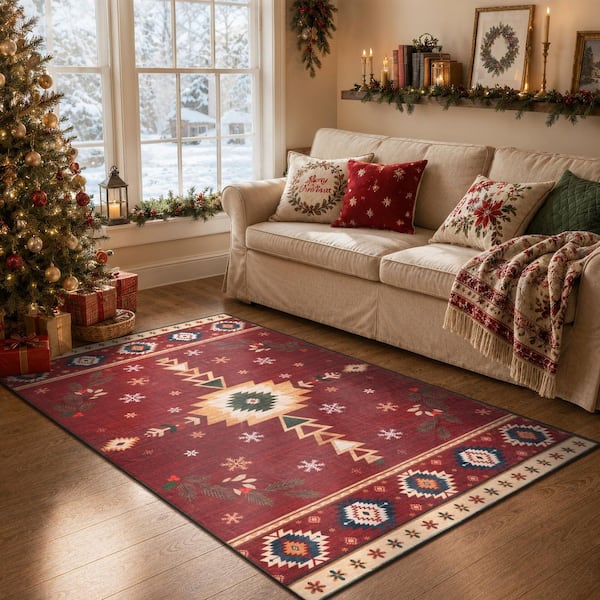 Washable Christmas Vintage Boho Tribal Snowflake Non Slip 3 ft. x 5 ft. Red Entryway Kitchen Door Mat Area Rug