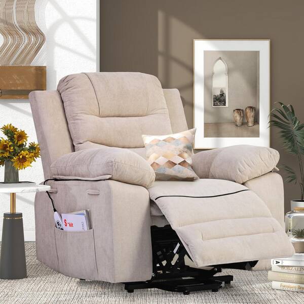 Clihome Beige Ergonomic Velvet Power Lift Recliner Chair for