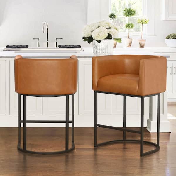 LUE BONA 26 in. Yellow Brown and Black Low Back Bar Stool with Metal Frame Counter Height Faux Leather Counter Stool (Set of 2)