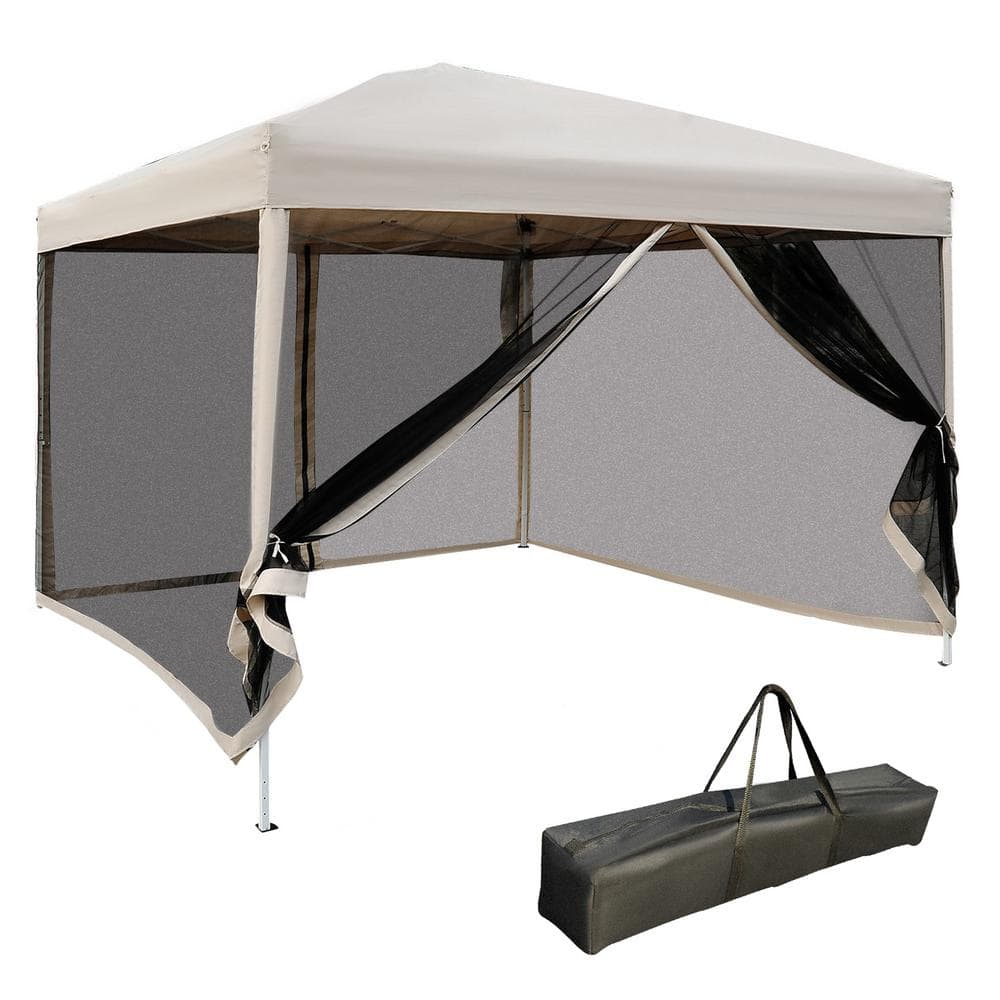 Huluwat 10 ft. x 10 ft. Beige Pop Up Canopy Tent with Netting, Instant Screen Room House, Tents