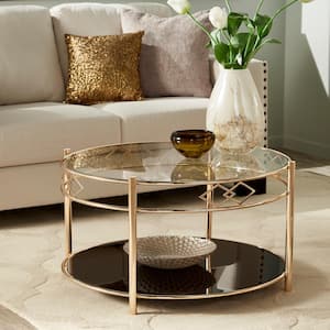 33.2 in. Rose Gold Finish Round Black Tempered Glass Metal Coffee Table