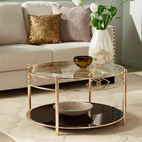 HomeSullivan 33.2 in. Rose Gold Finish Round Black Tempered Glass Metal Coffee Table