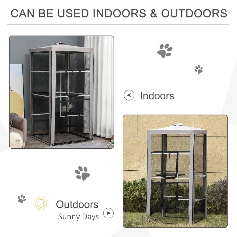 Tall Gray Metal Outdoor Cat Enclosure with Platforms
