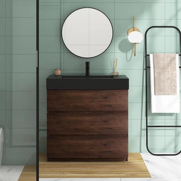 Boosicavelly 35.8 in. W 18.1 in. D 37.0 in. H Single Sink Freestanding Bath Vanity in Walnut with Black Rinse Top