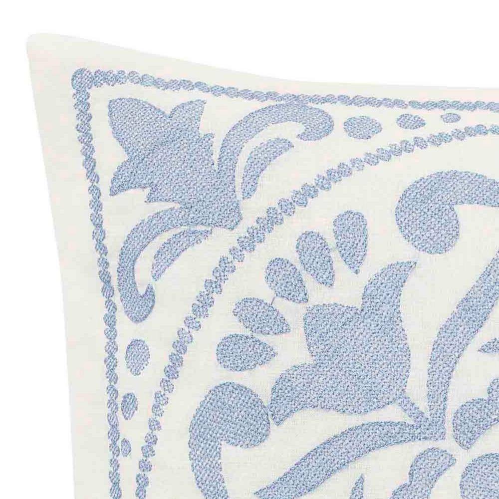 Blue Embroidered Floral Square Throw Pillow