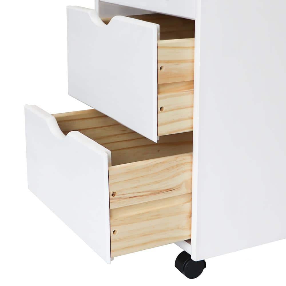 Whitewash Solid Pine 8-Drawer Extra Wide Mobile Cabinet with Casters