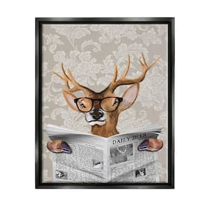 Deer Reading Newspaper With Big Glasses by Coco de Paris Floater Frame Animal Wall Art Print 21 in. x 17 in.