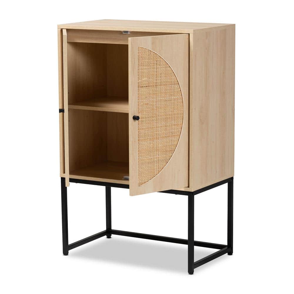 Ardon Bohemian Light Brown Wood and Black Metal Storage Cabinet with Rattan