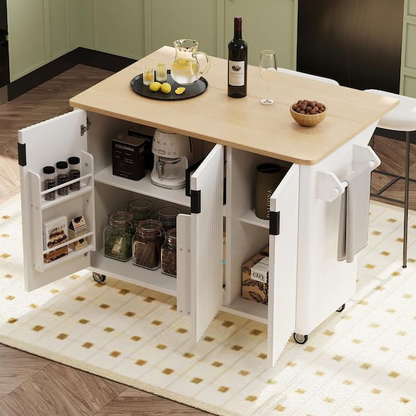 Runesay Farmhouse White Wood 51.3 in. Accent Fluted Kitchen Island on Wheels with Internal Storage Rack and Towel Rack