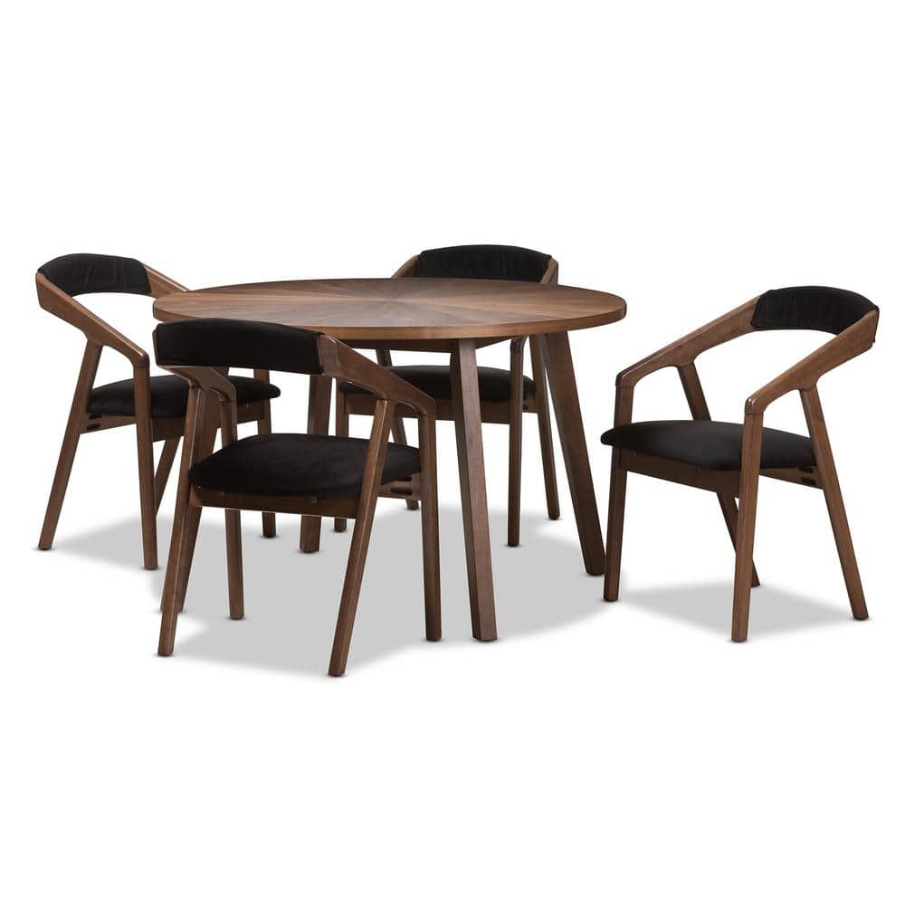 Mid-Century Modern Walnut Dining Set with Black Velvet Upholstery