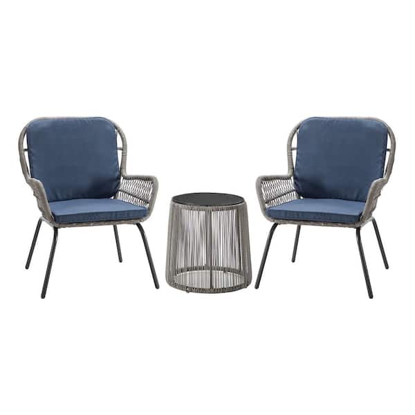 Willit 3-Piece Wicker Round Bar Height Outdoor Bistro Set with Blue Cushion
