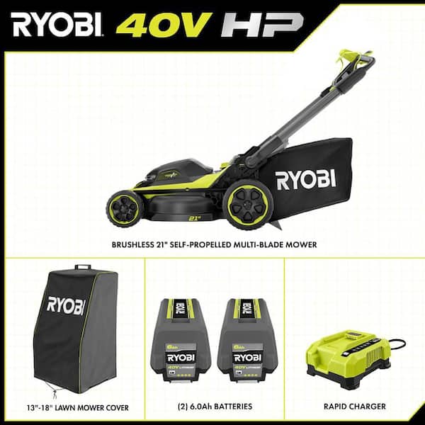 40V HP Brushless 21" Cordless Walk Behind Multi-Blade Self-Propelled Mower w/ UV Resistant Cover, Batteries, & Charger