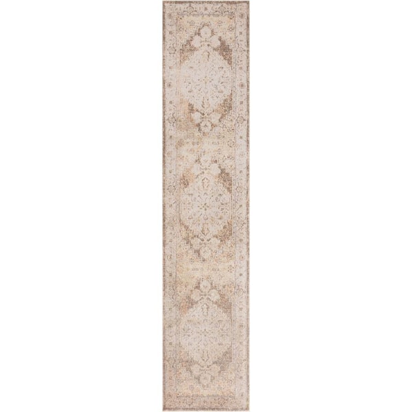 Nourison Astra Machine Washable Beige 2 ft. x 10 ft. Center medallion Traditional Runner Area Rug
