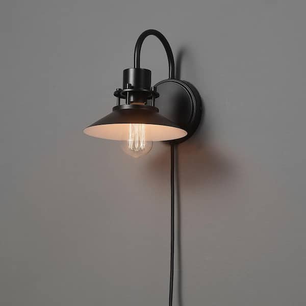 1-Light Matte Black Plug-In or Hardwire Wall Sconce, In-Line On/Off Rocker Switch