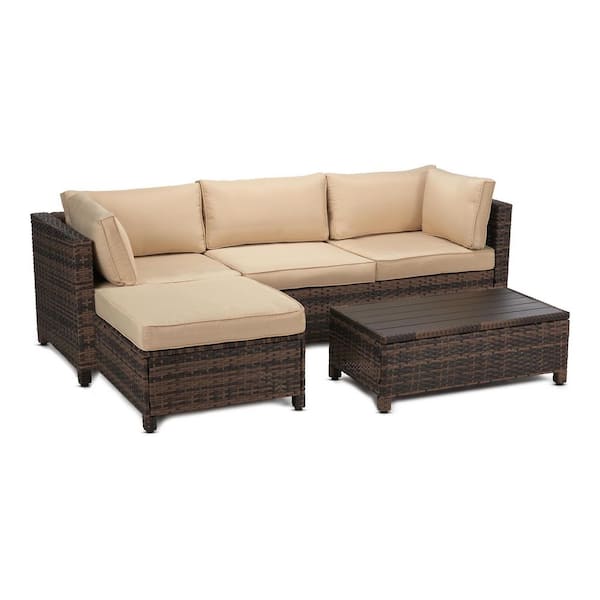 3-Piece Wicker Patio Sectional Seating Set with Beige Cushions