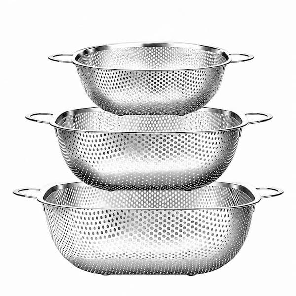 Stainless Steel Square Colander (Set of 3) 2.4 qt. 4 qt. and 6 qt. Micro-Perforated, Dishwasher Safe for Kitchen