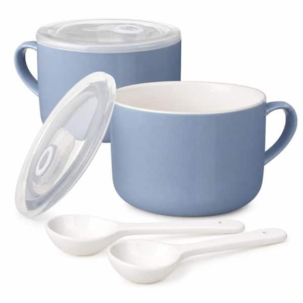 Lid & Spoon Equipped, 30 fl. oz. Blue, Ceramic, Soup Bowl, (Set of 2), Ideal for Summer Noodles and Daily Food Storage