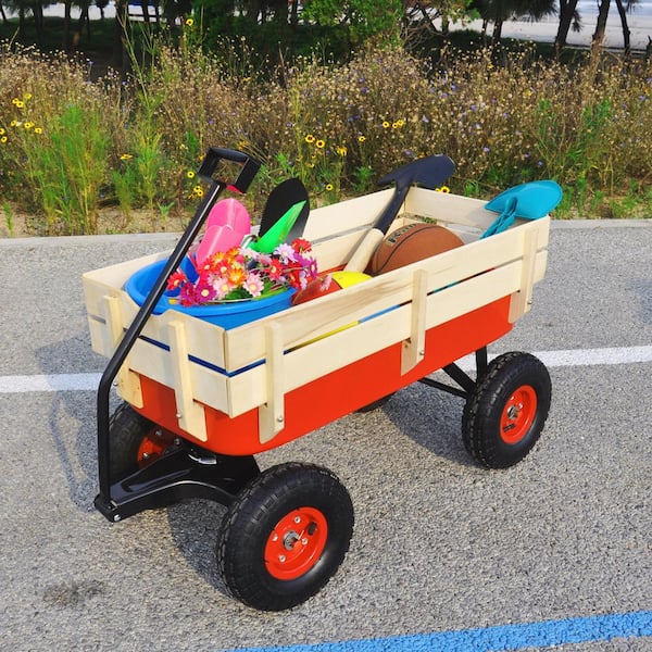 Unbranded Red 3 cu. ft. Metal Outdoor Powered Weelbarrow Wagon Tools Cart with Wooden Side Panels Air Tires Wagon