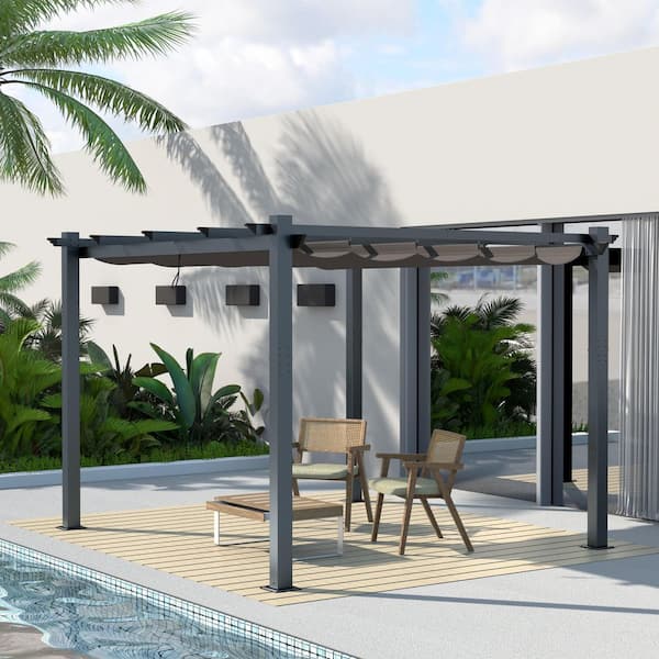 10 ft. W x 10 ft. D Aluminum Pergola Outdoor with Dark Gray Retractable Canopy