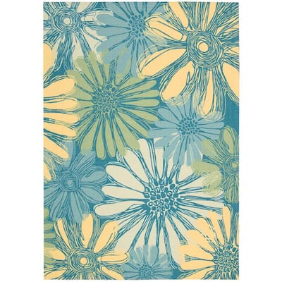 Home and Garden Daisies Blue 8 ft. x 11 ft. Floral Contemporary Indoor/Outdoor Area Rug