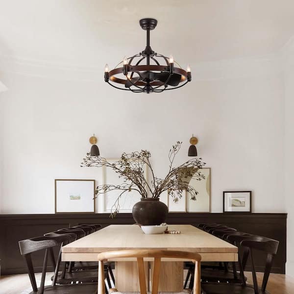 27 in. Farmhouse Downrod Mount Indoor Walnut Finish Black Caged Fandelier Ceiling Fan with 6-Light Candelabra and Remote