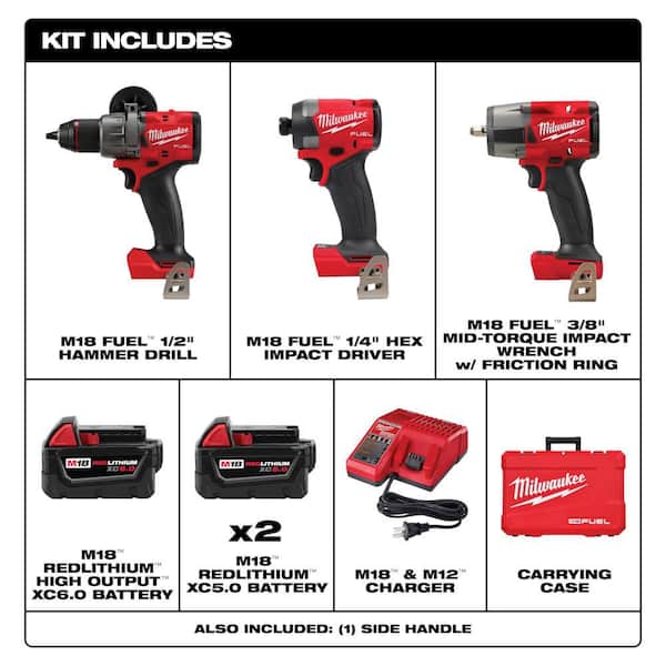M18 FUEL 18V Lith-Ion Cordless Hammer Drill & Impact Driver Combo Kit (3-Tool) w/ 3 Batteries & 3/8 in. Impact Wrench