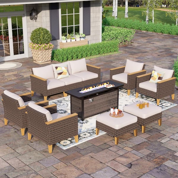 PHI VILLA Brown Rattan Wicker 9-Seat 10-Piece Steel Outdoor Patio Conversation Set with Beige Cushions,Rectangular Fire Pit Table
