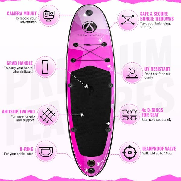 Crew & Axel Inflatable Stand Up Paddle Board Non Slip SUP W Backpack, 3  Fins, Paddle, Pump (10 ft. x 33 in. x 6.2 in.) 17 lbs. Pink CX155 - The  Home Depot
