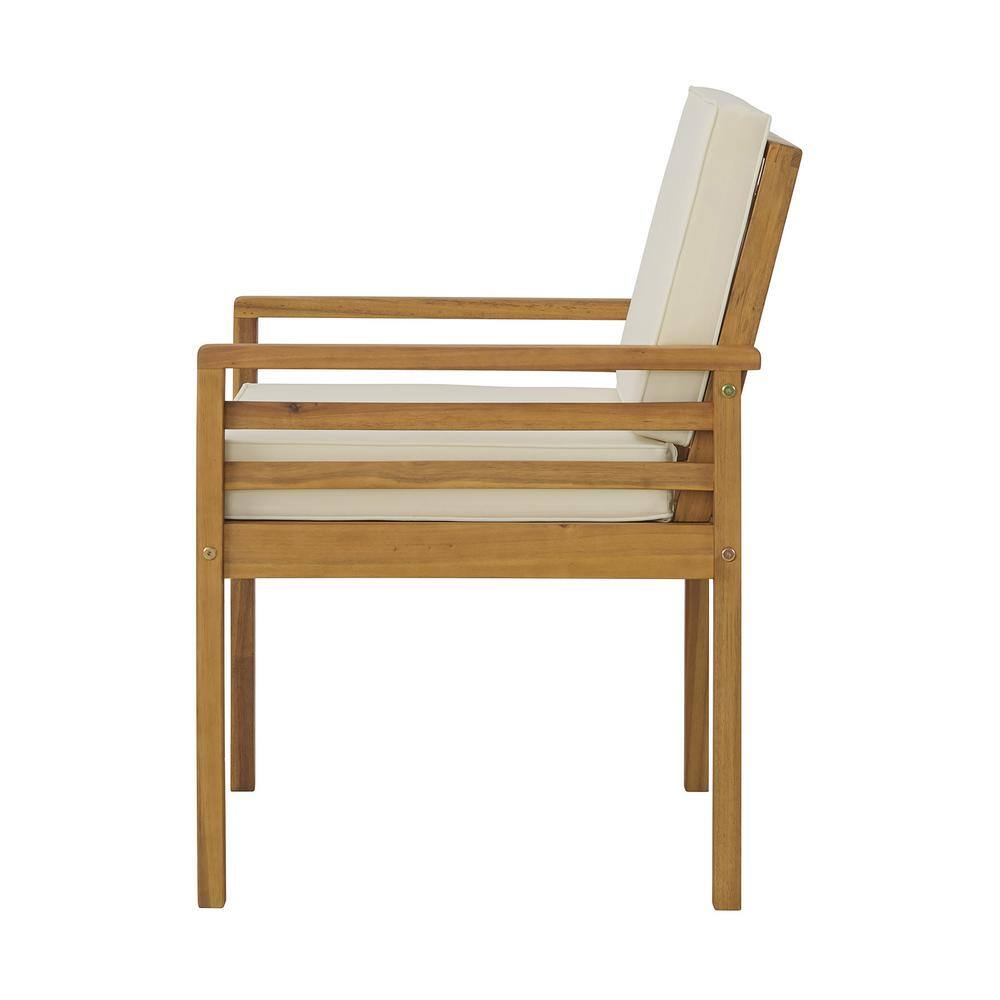 Natural Wood Two-Seater Outdoor Bench with Cream Cushions