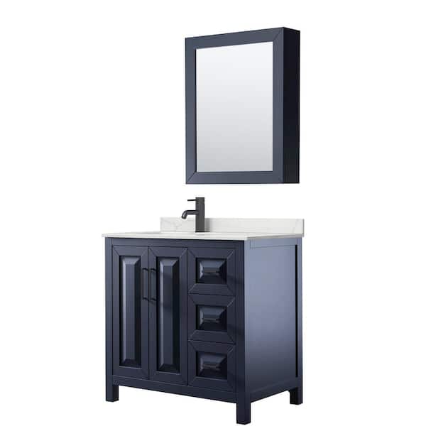 Wyndham Collection Daria 36 in. W x 22 in. D x 35.75 in. H Single Bath Vanity in Dark Blue with Giotto Quartz Top and Mirror