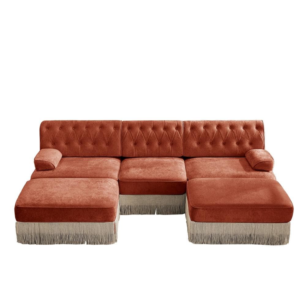 96 in. Chesterfield 4-piece Velvet U-Shaped Button Tufted Modular Sectional Sofa with Ottoman in Red Brown