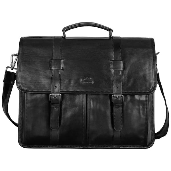 Pelle D'oro Black Leather Double Compartment 15.6 in. Laptop / Tablet Briefcase