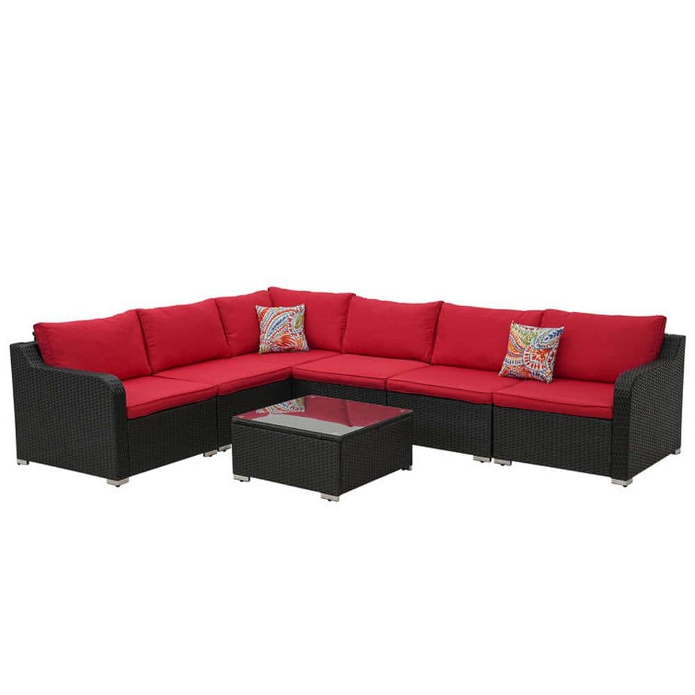 7 Pieces Wicker Rattan Patio Conversation Outdoor Furniture Set with Red Co