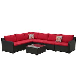 7 Pieces Wicker Rattan Patio Conversation Outdoor Furniture Set with Red Color Cushions With Glass Table for Garden