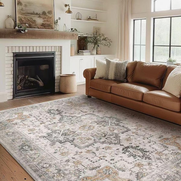 Limlok Medallion Light Taupe Brown 8 ft. x 10 ft. Persian Area Rug