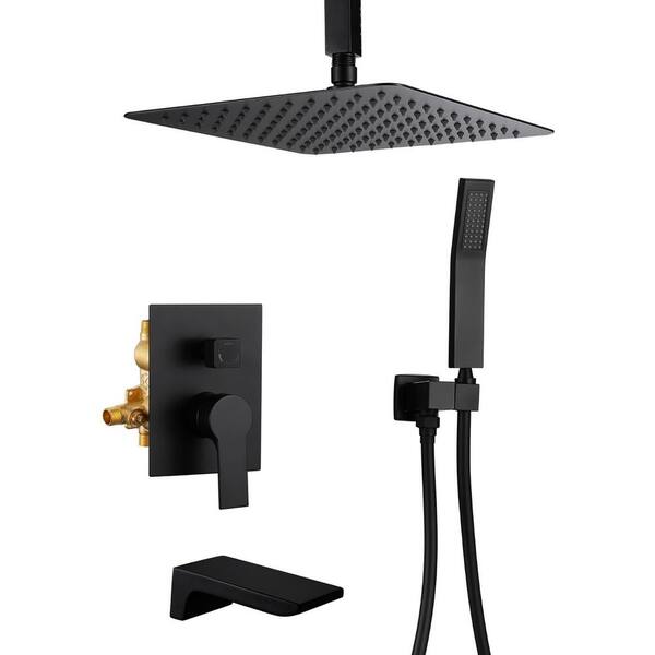 Single Handle 1-Spray Tub and Shower Faucet 2.5 GPM with 12 in. Ceiling Mount Shower Head in Black (Valve Included)