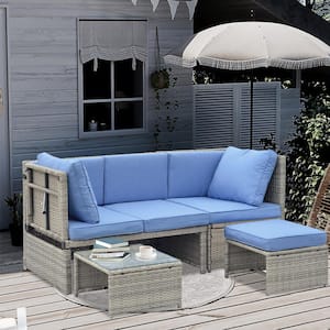 4-Piece Wicker Outdoor Garden Chaise Lounge Set Sectional Sofa Set with Adjustable Side Seat in Blue Cushion